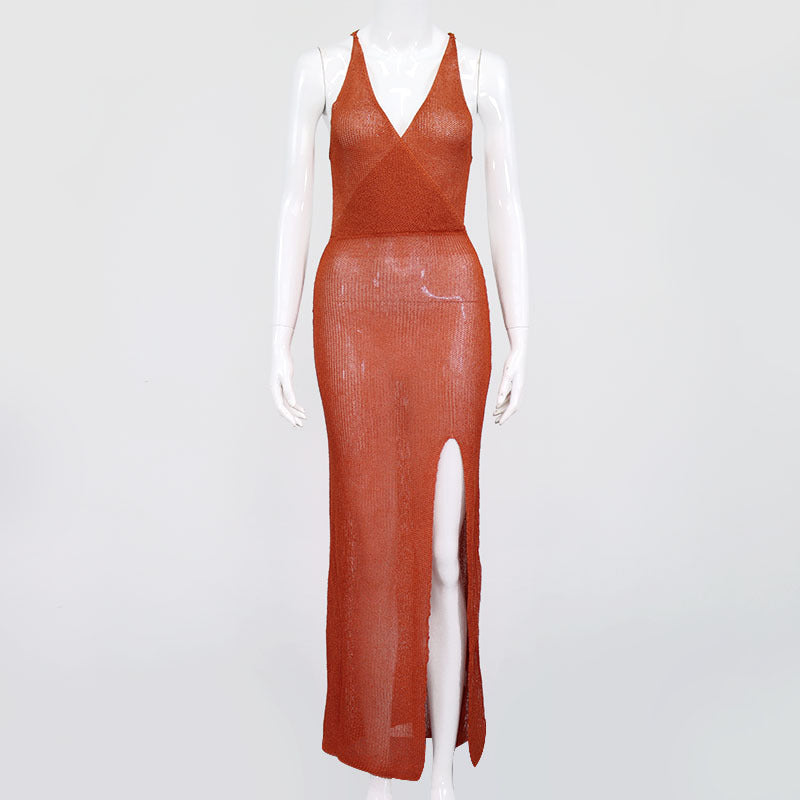 jinran Sexy Crochet Beach Maxi Summer Dress Women See Through Solid Backless Bandage Sleeveless Lacing Split Long Dresses Women's Dress