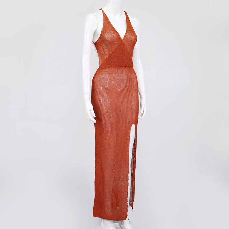 jinran Sexy Crochet Beach Maxi Summer Dress Women See Through Solid Backless Bandage Sleeveless Lacing Split Long Dresses Women's Dress