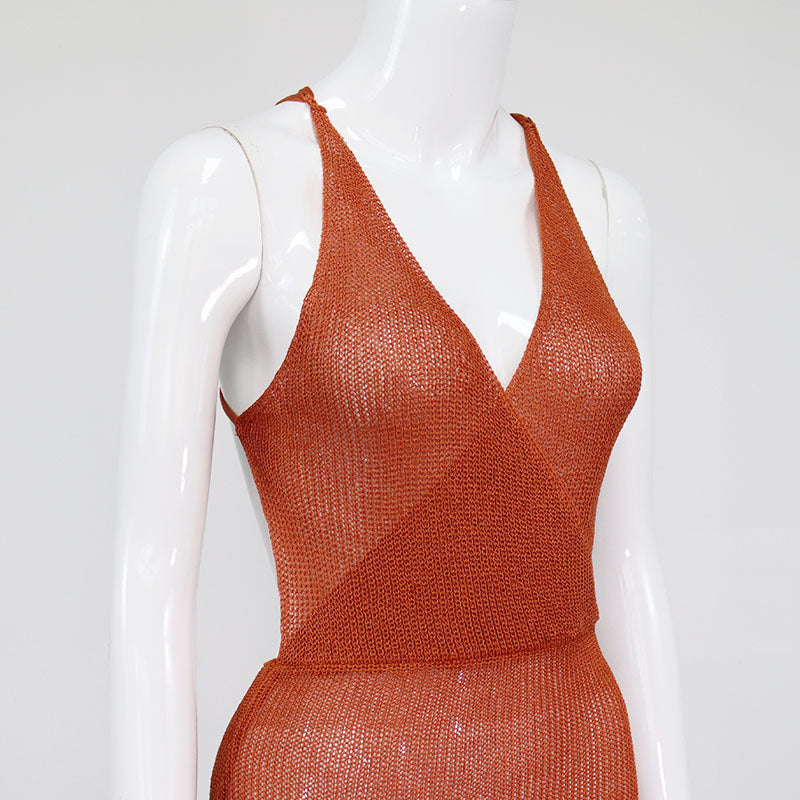 jinran Sexy Crochet Beach Maxi Summer Dress Women See Through Solid Backless Bandage Sleeveless Lacing Split Long Dresses Women's Dress