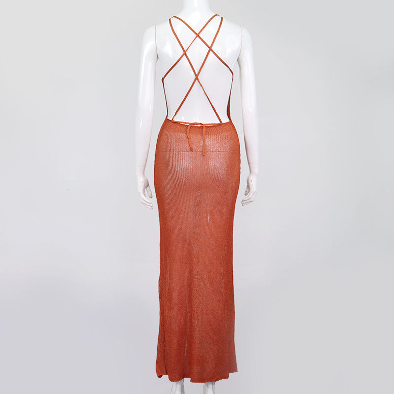 jinran Sexy Crochet Beach Maxi Summer Dress Women See Through Solid Backless Bandage Sleeveless Lacing Split Long Dresses Women's Dress