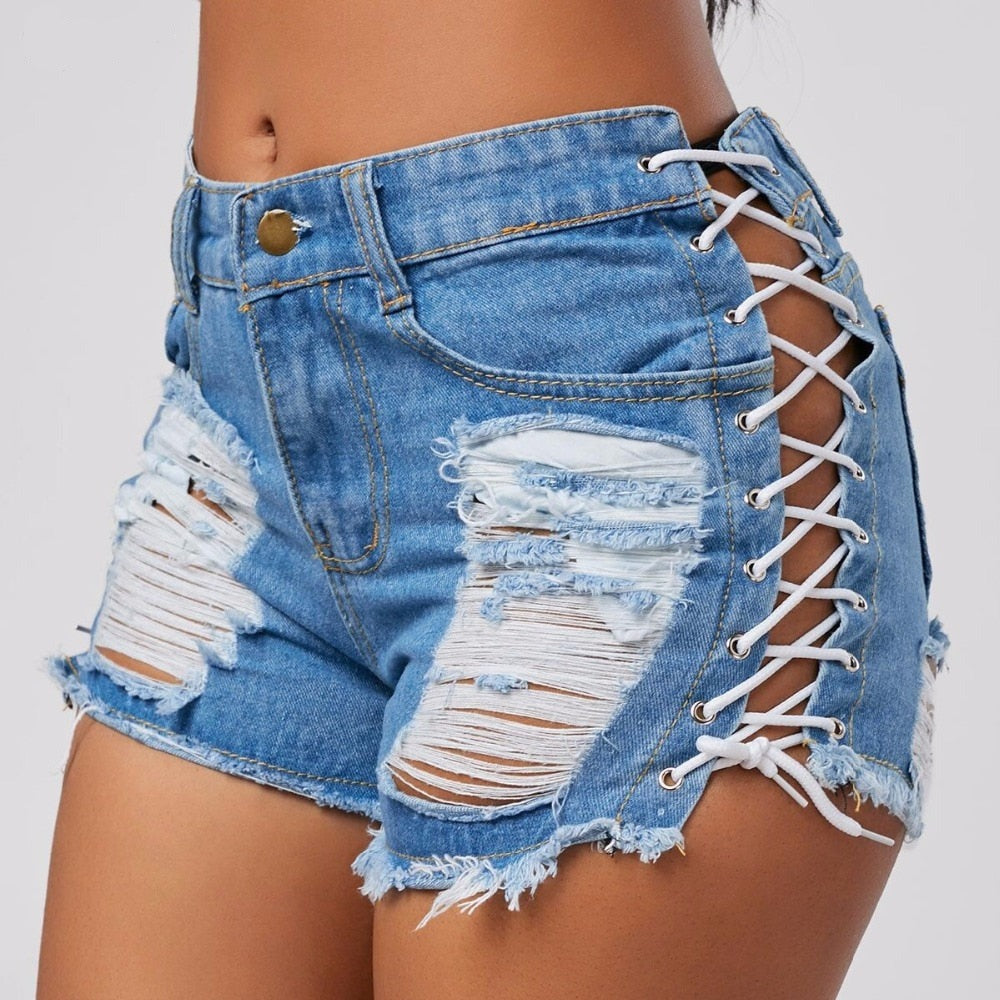 jinran Sexy Summer Women Denim Shorts New Black Blue High Waist Ripped Short Jeans Femme Tassel Lace Up Bandage Hot Pants