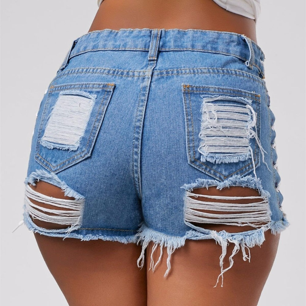 jinran Sexy Summer Women Denim Shorts New Black Blue High Waist Ripped Short Jeans Femme Tassel Lace Up Bandage Hot Pants
