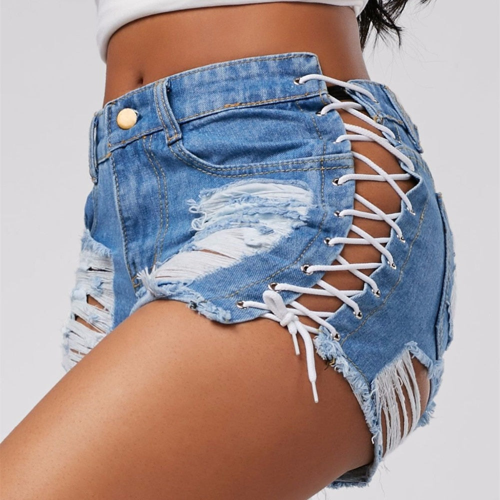 jinran Sexy Summer Women Denim Shorts New Black Blue High Waist Ripped Short Jeans Femme Tassel Lace Up Bandage Hot Pants