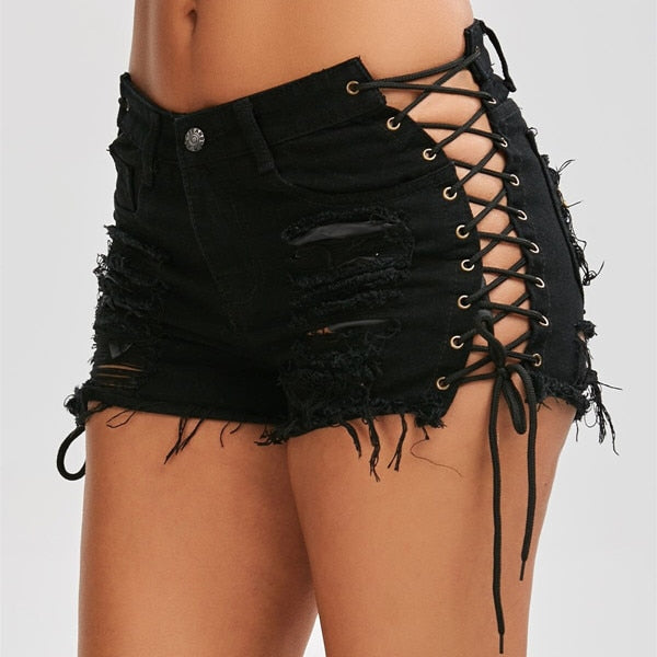 jinran Sexy Summer Women Denim Shorts New Black Blue High Waist Ripped Short Jeans Femme Tassel Lace Up Bandage Hot Pants