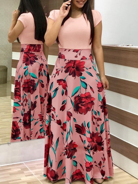 jinran Vintage Floral Print O-Neck Long Dress Women Summer 2021 New Short Sleeve Casual Slim Robe Casual Elegant Lady Maxi Vestidos