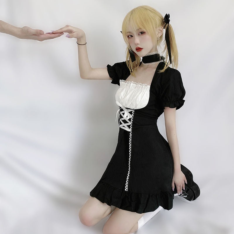 jinran Women's Maid Dress Kawaii Lolita Outfit French Milkmaid Costume Cosplay Bandage Sexy Waitress Dress Puff Sleeve Uniform