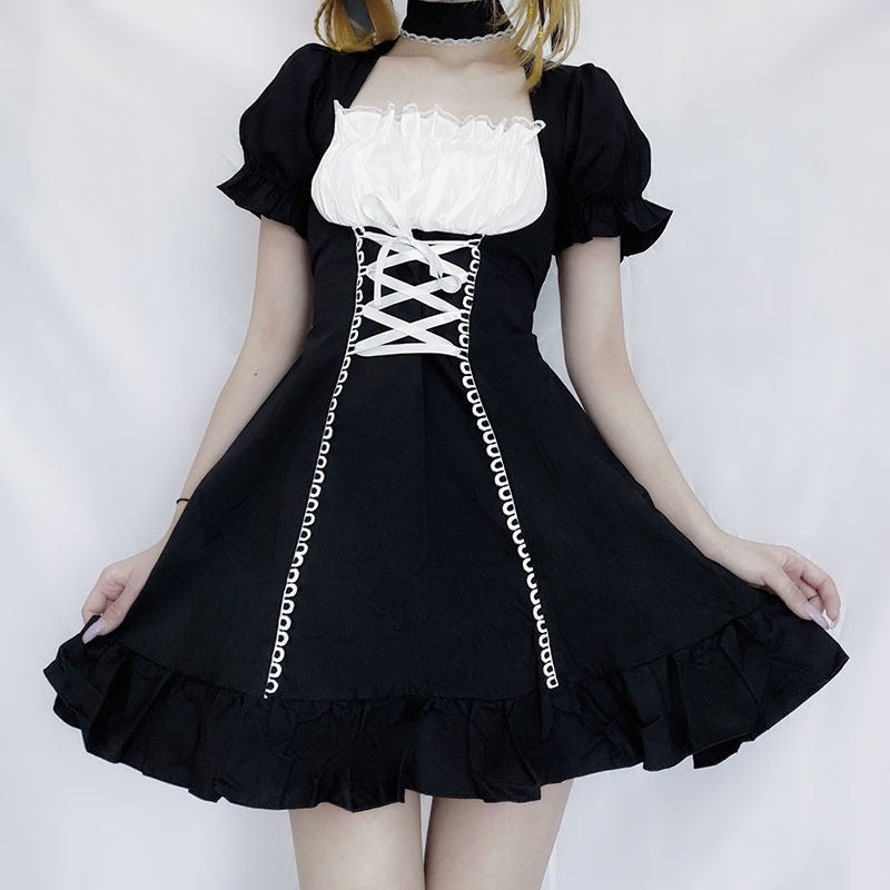 jinran Women's Maid Dress Kawaii Lolita Outfit French Milkmaid Costume Cosplay Bandage Sexy Waitress Dress Puff Sleeve Uniform