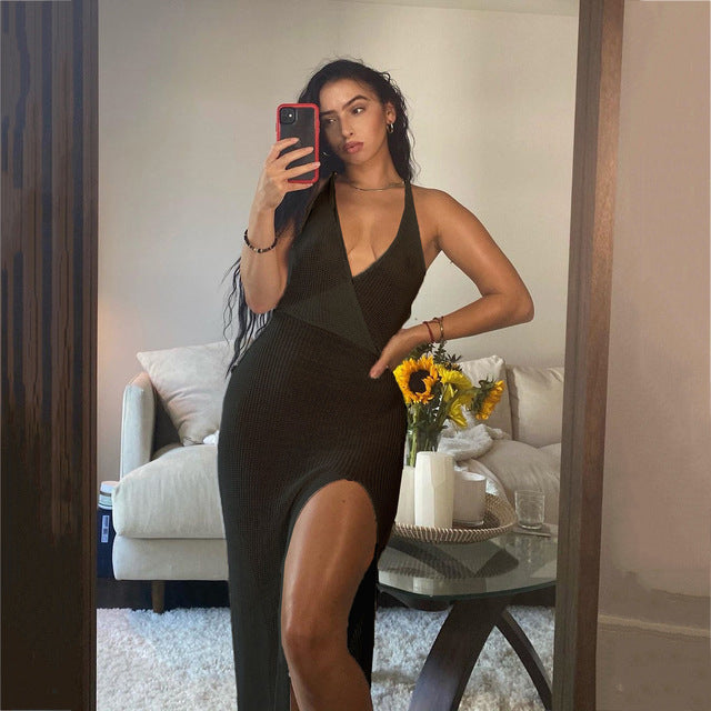 jinran Sexy Crochet Beach Maxi Summer Dress Women See Through Solid Backless Bandage Sleeveless Lacing Split Long Dresses Women's Dress
