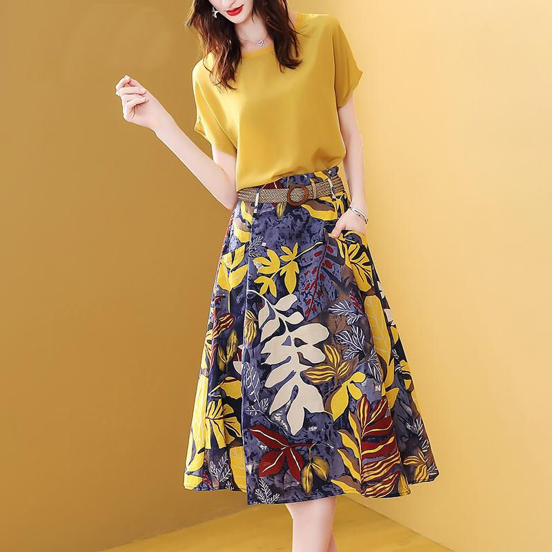 jinran Sweet Suit Female Women's Clothing 2022 Dress Set for Summer Two Pieces Clothes Solid Fashion O-neck Tops & Print Skirt Sashes