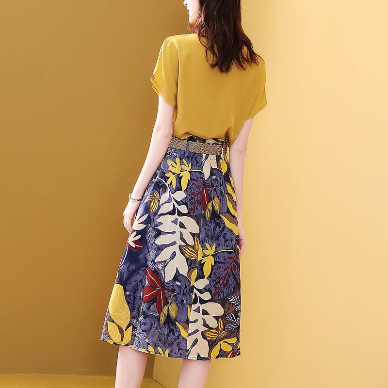 jinran Sweet Suit Female Women's Clothing 2022 Dress Set for Summer Two Pieces Clothes Solid Fashion O-neck Tops & Print Skirt Sashes