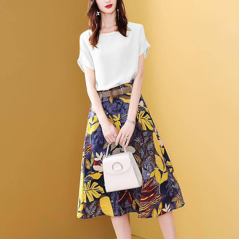jinran Sweet Suit Female Women's Clothing 2022 Dress Set for Summer Two Pieces Clothes Solid Fashion O-neck Tops & Print Skirt Sashes