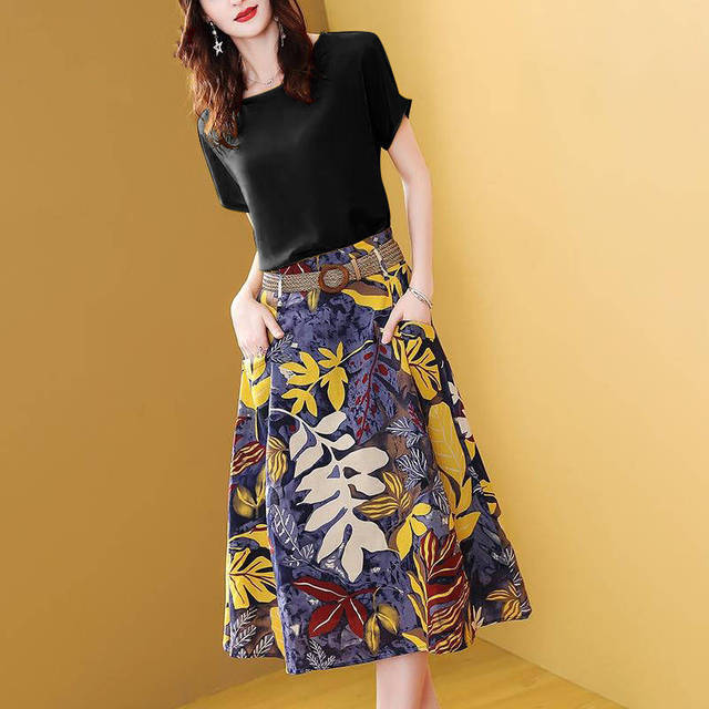 jinran Sweet Suit Female Women's Clothing 2022 Dress Set for Summer Two Pieces Clothes Solid Fashion O-neck Tops & Print Skirt Sashes