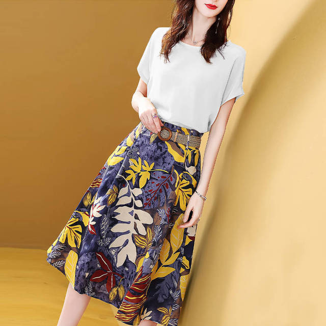 jinran Sweet Suit Female Women's Clothing 2022 Dress Set for Summer Two Pieces Clothes Solid Fashion O-neck Tops & Print Skirt Sashes