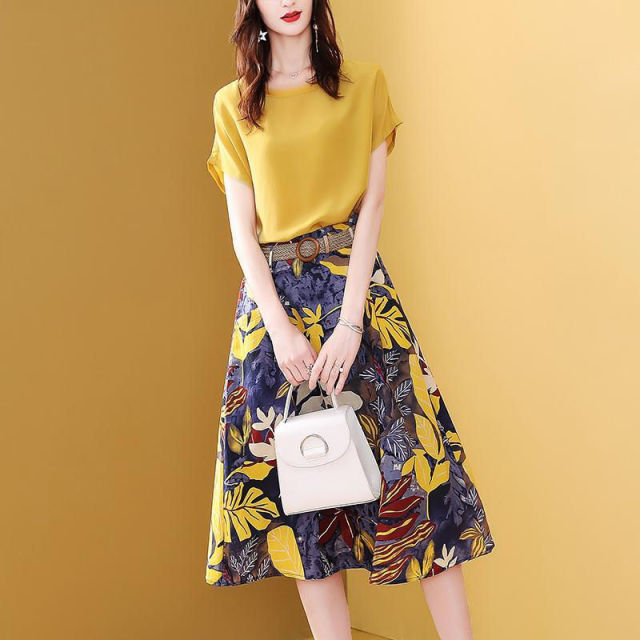 jinran Sweet Suit Female Women's Clothing 2022 Dress Set for Summer Two Pieces Clothes Solid Fashion O-neck Tops & Print Skirt Sashes