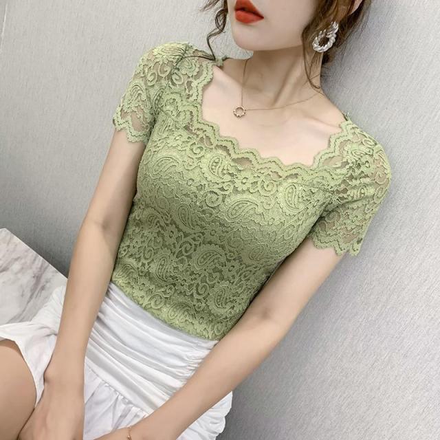 jinran Blouse Women Lace Top Women's Short-Sleeved Summer Square Collar Sexy Cutout Shirts Blusas Ropa De Mujer
