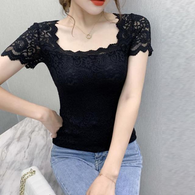 jinran Blouse Women Lace Top Women's Short-Sleeved Summer Square Collar Sexy Cutout Shirts Blusas Ropa De Mujer