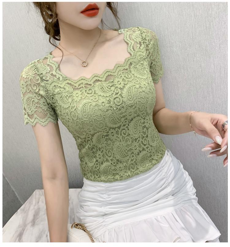 jinran Blouse Women Lace Top Women's Short-Sleeved Summer Square Collar Sexy Cutout Shirts Blusas Ropa De Mujer