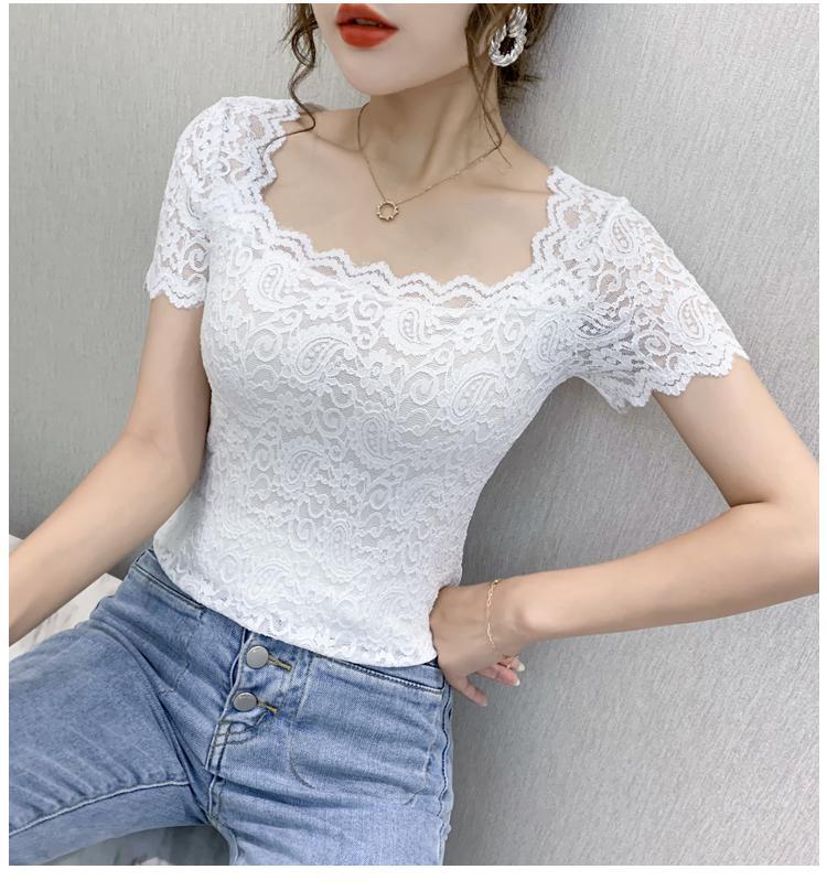 jinran Blouse Women Lace Top Women's Short-Sleeved Summer Square Collar Sexy Cutout Shirts Blusas Ropa De Mujer