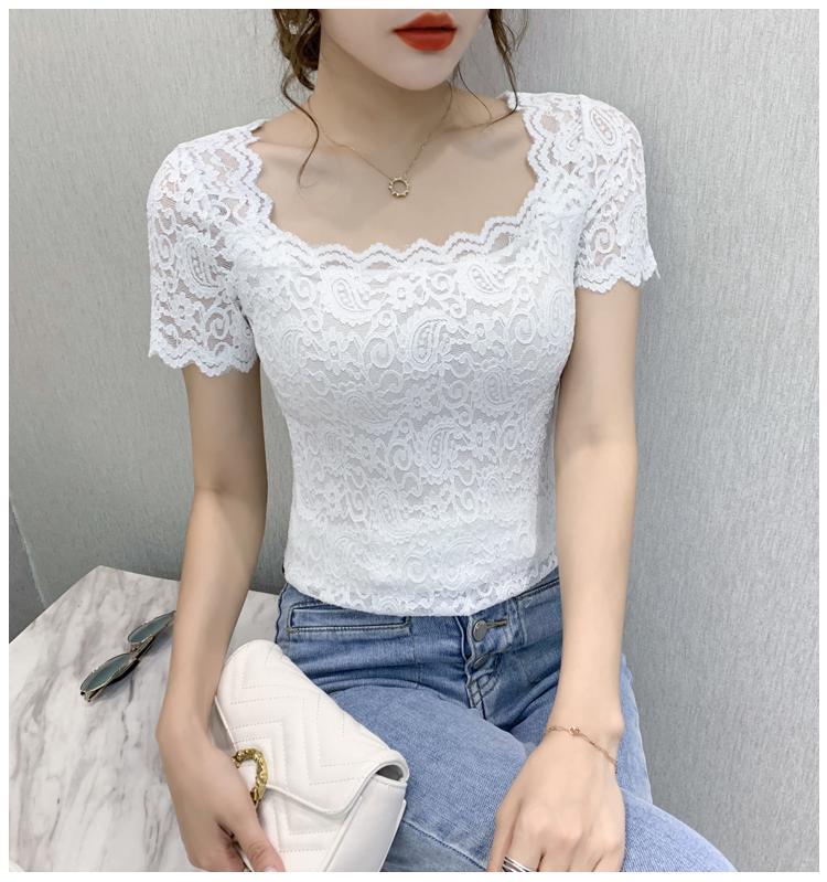 jinran Blouse Women Lace Top Women's Short-Sleeved Summer Square Collar Sexy Cutout Shirts Blusas Ropa De Mujer