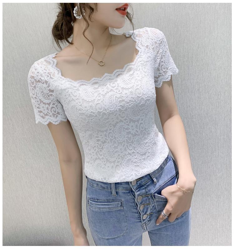 jinran Blouse Women Lace Top Women's Short-Sleeved Summer Square Collar Sexy Cutout Shirts Blusas Ropa De Mujer