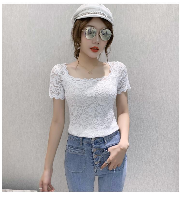 jinran Blouse Women Lace Top Women's Short-Sleeved Summer Square Collar Sexy Cutout Shirts Blusas Ropa De Mujer