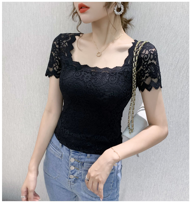 jinran Blouse Women Lace Top Women's Short-Sleeved Summer Square Collar Sexy Cutout Shirts Blusas Ropa De Mujer
