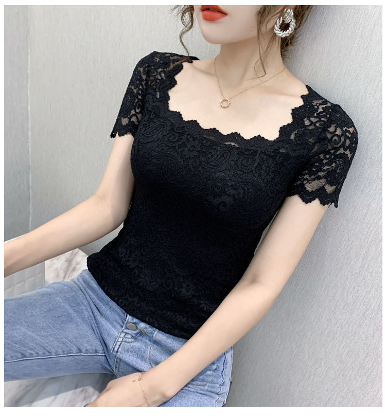 jinran Blouse Women Lace Top Women's Short-Sleeved Summer Square Collar Sexy Cutout Shirts Blusas Ropa De Mujer