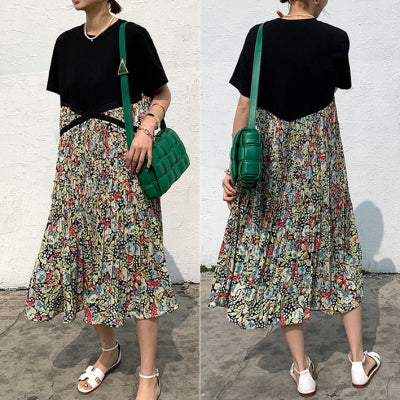 jinran 2022 Summer Plus Size 5XL Women's Dress Short Sleeve T-Shirt Dress Print Patchwork Pleated Robe Fake Two Piece Dress KE1062