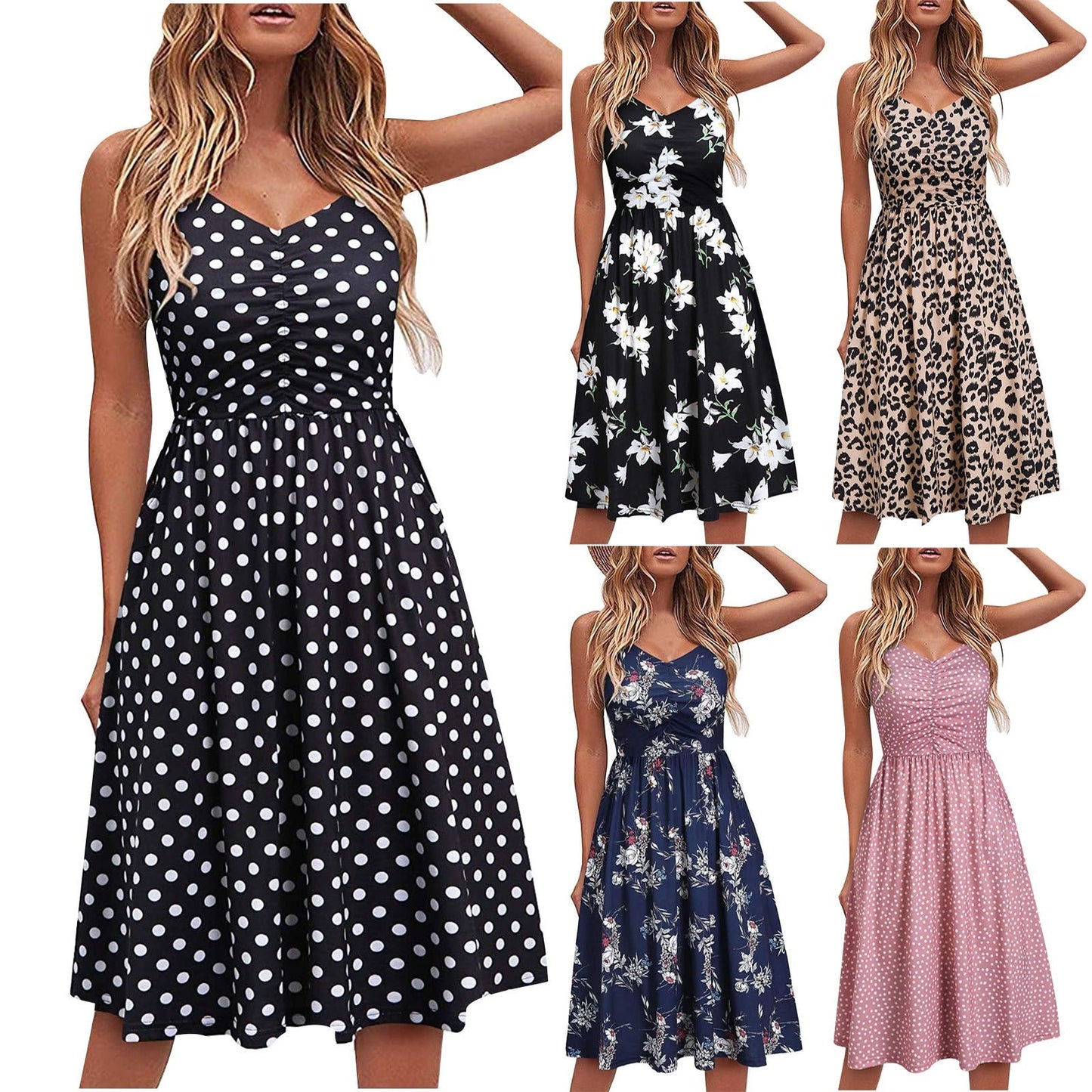 jinran Summer Casual Women's 2022 Sexy V-Neck Leopard Sling Dress Fashion Female Flower Print Beach Party Dresses Sleeveless Backless