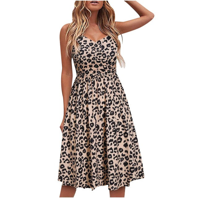 jinran Summer Casual Women's 2022 Sexy V-Neck Leopard Sling Dress Fashion Female Flower Print Beach Party Dresses Sleeveless Backless