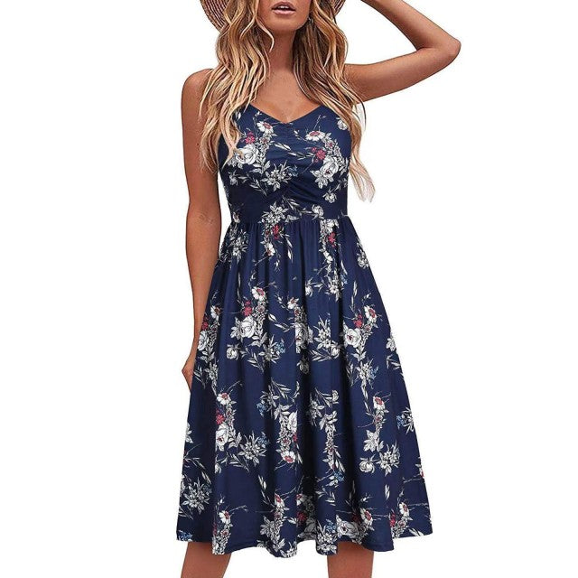 jinran Summer Casual Women's 2022 Sexy V-Neck Leopard Sling Dress Fashion Female Flower Print Beach Party Dresses Sleeveless Backless