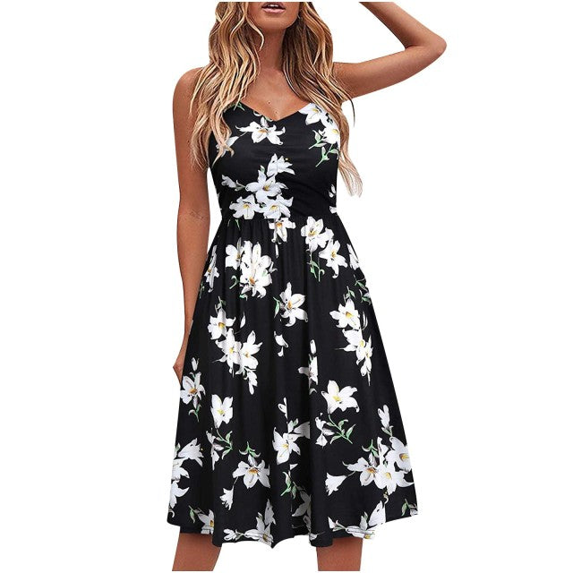 jinran Summer Casual Women's 2022 Sexy V-Neck Leopard Sling Dress Fashion Female Flower Print Beach Party Dresses Sleeveless Backless