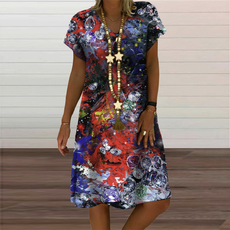jinran Plaid Geometric Graphic Mini Dresses for Women's Clothing 2021 Summer New Casual Loose Short Sleeve V-Neck Beach Sundress Ladies