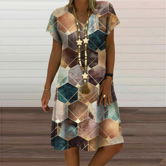 jinran Plaid Geometric Graphic Mini Dresses for Women's Clothing 2021 Summer New Casual Loose Short Sleeve V-Neck Beach Sundress Ladies