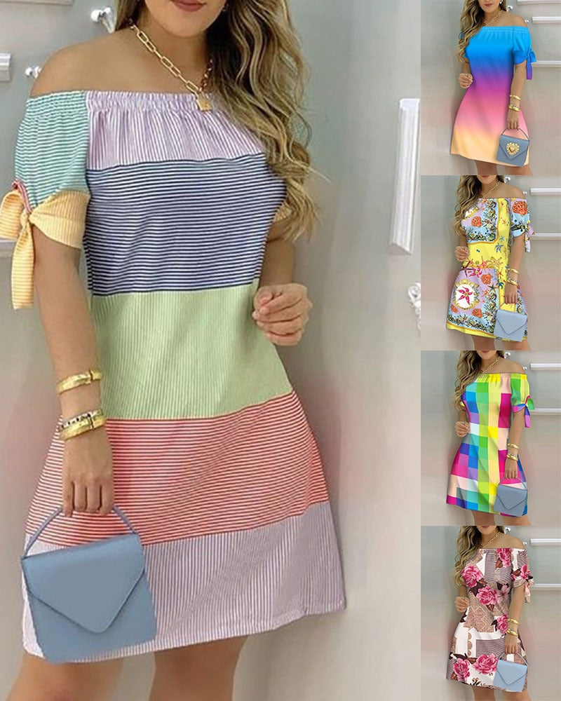 jinran Women Off Shoulder Summer Mini Dress Sexy Short Sleeve Bow Tie Striped Plaid Floral Print A Line Party Short Dresses Vestidos