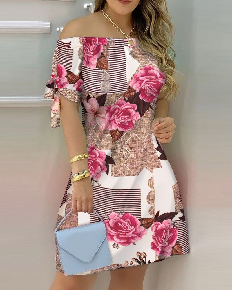 jinran Women Off Shoulder Summer Mini Dress Sexy Short Sleeve Bow Tie Striped Plaid Floral Print A Line Party Short Dresses Vestidos
