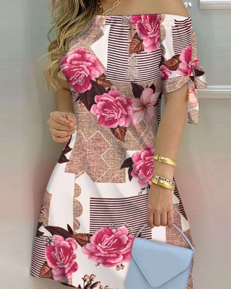 jinran Women Off Shoulder Summer Mini Dress Sexy Short Sleeve Bow Tie Striped Plaid Floral Print A Line Party Short Dresses Vestidos