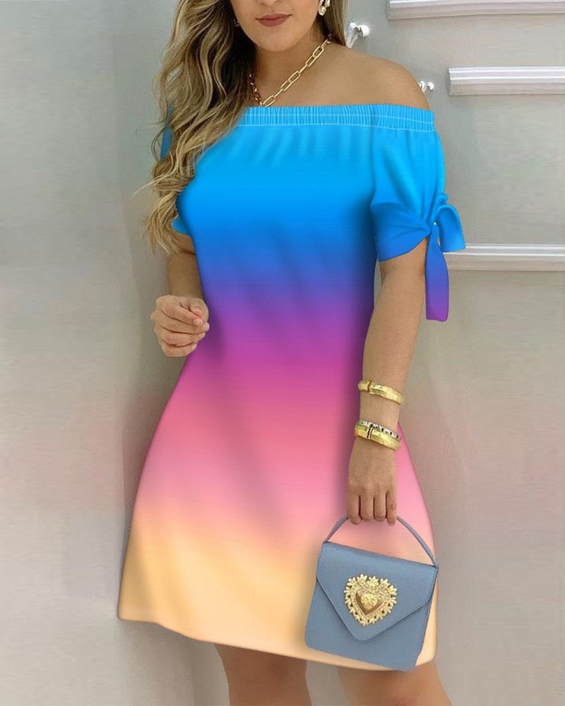 jinran Women Off Shoulder Summer Mini Dress Sexy Short Sleeve Bow Tie Striped Plaid Floral Print A Line Party Short Dresses Vestidos