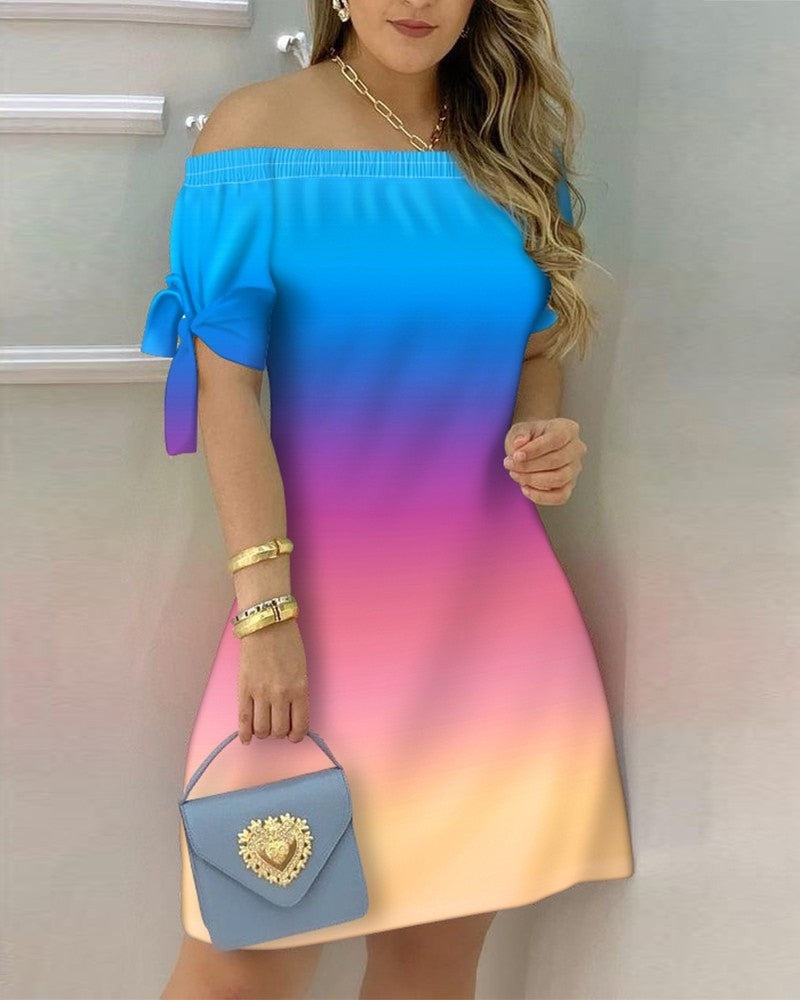 jinran Women Off Shoulder Summer Mini Dress Sexy Short Sleeve Bow Tie Striped Plaid Floral Print A Line Party Short Dresses Vestidos