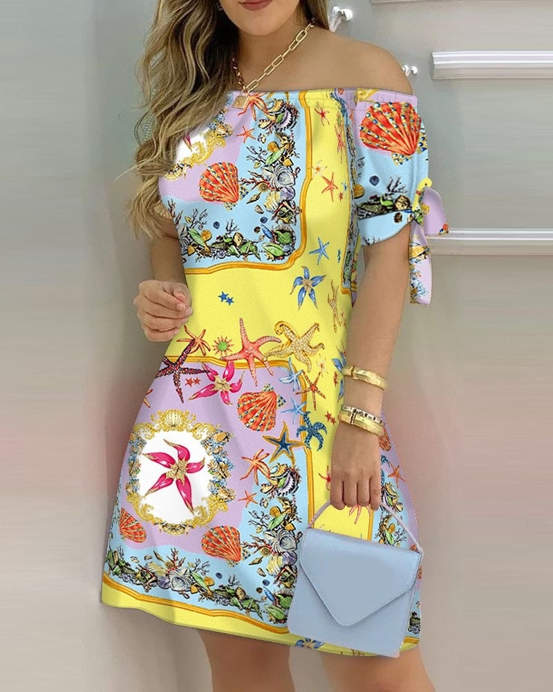 jinran Women Off Shoulder Summer Mini Dress Sexy Short Sleeve Bow Tie Striped Plaid Floral Print A Line Party Short Dresses Vestidos