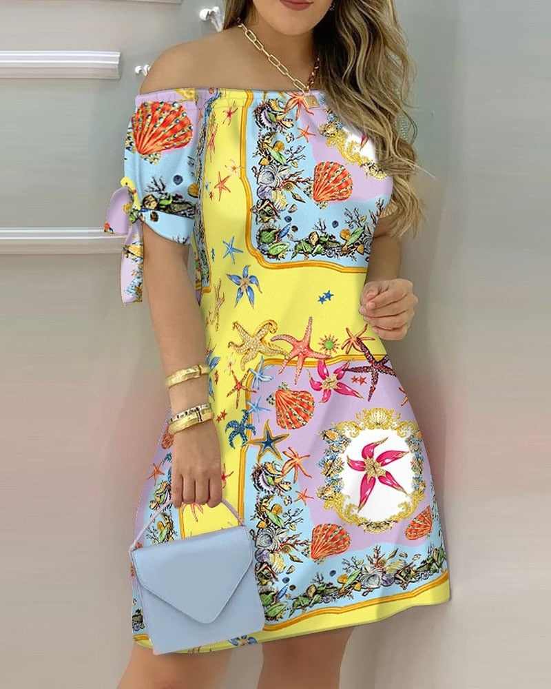 jinran Women Off Shoulder Summer Mini Dress Sexy Short Sleeve Bow Tie Striped Plaid Floral Print A Line Party Short Dresses Vestidos