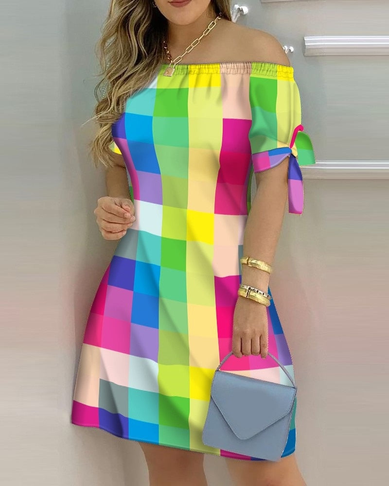 jinran Women Off Shoulder Summer Mini Dress Sexy Short Sleeve Bow Tie Striped Plaid Floral Print A Line Party Short Dresses Vestidos