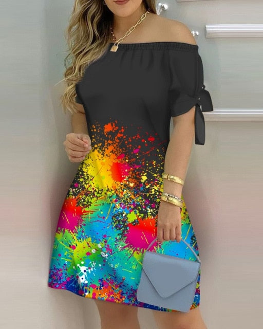 jinran Women Off Shoulder Summer Mini Dress Sexy Short Sleeve Bow Tie Striped Plaid Floral Print A Line Party Short Dresses Vestidos