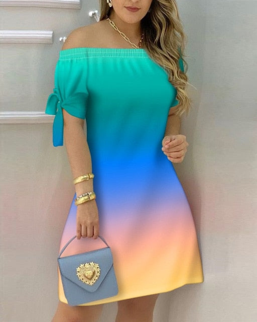 jinran Women Off Shoulder Summer Mini Dress Sexy Short Sleeve Bow Tie Striped Plaid Floral Print A Line Party Short Dresses Vestidos