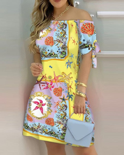 jinran Women Off Shoulder Summer Mini Dress Sexy Short Sleeve Bow Tie Striped Plaid Floral Print A Line Party Short Dresses Vestidos