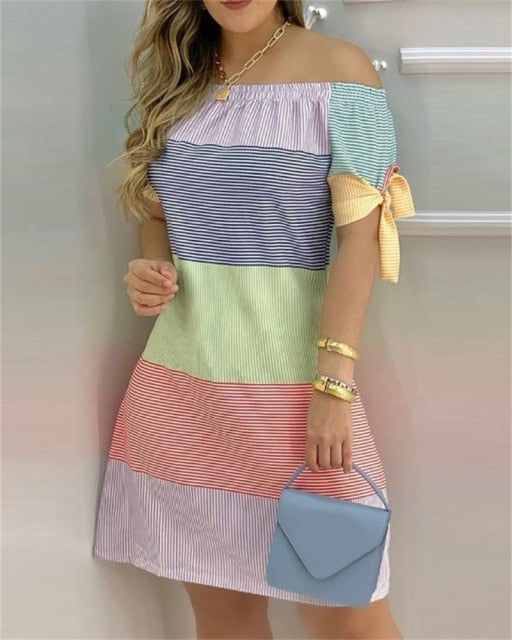 jinran Women Off Shoulder Summer Mini Dress Sexy Short Sleeve Bow Tie Striped Plaid Floral Print A Line Party Short Dresses Vestidos