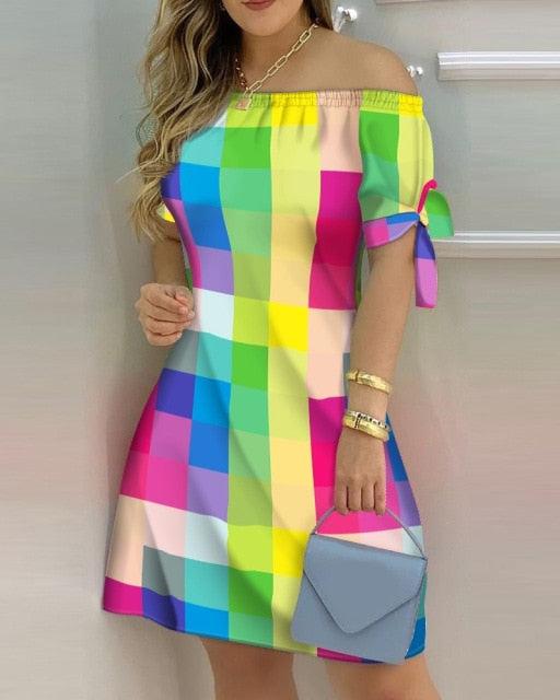jinran Women Off Shoulder Summer Mini Dress Sexy Short Sleeve Bow Tie Striped Plaid Floral Print A Line Party Short Dresses Vestidos