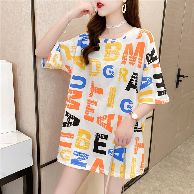 jinran Summer New Short-sleeved T-shirt Women's Mid-length Loose Top Clothes Girls Plus Size Women's Bottoming Shirt Graphic Tee 2022