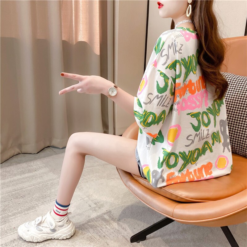 jinran Summer New Short-sleeved T-shirt Women's Mid-length Loose Top Clothes Girls Plus Size Women's Bottoming Shirt Graphic Tee 2022