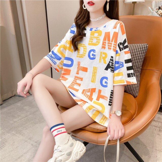 jinran Summer New Short-sleeved T-shirt Women's Mid-length Loose Top Clothes Girls Plus Size Women's Bottoming Shirt Graphic Tee 2022